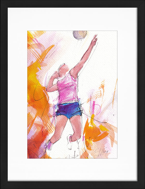 Peinture de volley-ball féminin : tableau d'une joueuse au filet réalisée à l'aquarelle par Lucie LLONG | Peinture de sport
