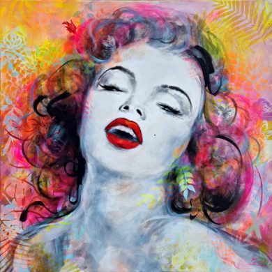 Tableau POP art | Marilyn Monroe en peinture | Série icônes du cinéma et de la mode | Œuvre d'art contemporaine par Lucie LLONG, artiste peintre du mouvement.