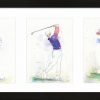 Œuvre d'art sportive à l'aquarelle - Golf - triptyque de Lucie LLONG représentant trois mouvements de golf : drive, swing intermédiaire et putt, dans une dominante violette. Tableau de sport