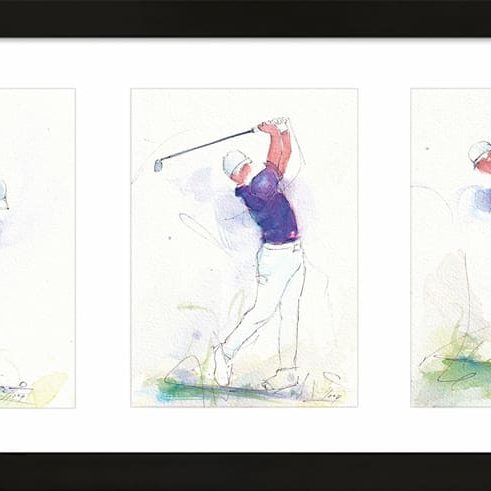 Œuvre d'art sportive à l'aquarelle - Golf - triptyque de Lucie LLONG représentant trois mouvements de golf : drive, swing intermédiaire et putt, dans une dominante violette. Tableau de sport