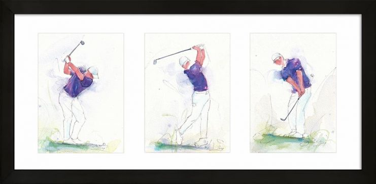 Œuvre d'art sportive à l'aquarelle - Golf - triptyque de Lucie LLONG représentant trois mouvements de golf : drive, swing intermédiaire et putt, dans une dominante violette. Tableau de sport