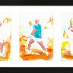 Peinture sportive en aquarelle, triptyque sur le tennis par l’artiste Lucie LLONG. Trois postures de joueur en mouvement – préparation, frappe et extension – capturant l’énergie du jeu dans des tons chauds et dynamiques | Œuvre d'art contemporaine | Peinture sportive
