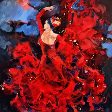Peinture de danse | art contemporain | Tableau de flamenco par Lucie LLONG | D'or et de feu | La transe d'une danseuse de flamenco dans sa robe rouge