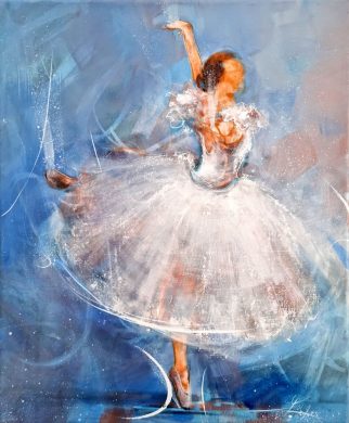 Peinture de danse | Une danseuse étoile à la robe longue sur scène | Tableau et œuvre d'art par Lucie LLONG, Artiste peintre du sport