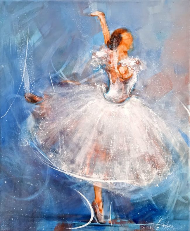 Peinture de danse | Une danseuse étoile à la robe longue sur scène | Tableau et œuvre d'art par Lucie LLONG, Artiste peintre du sport