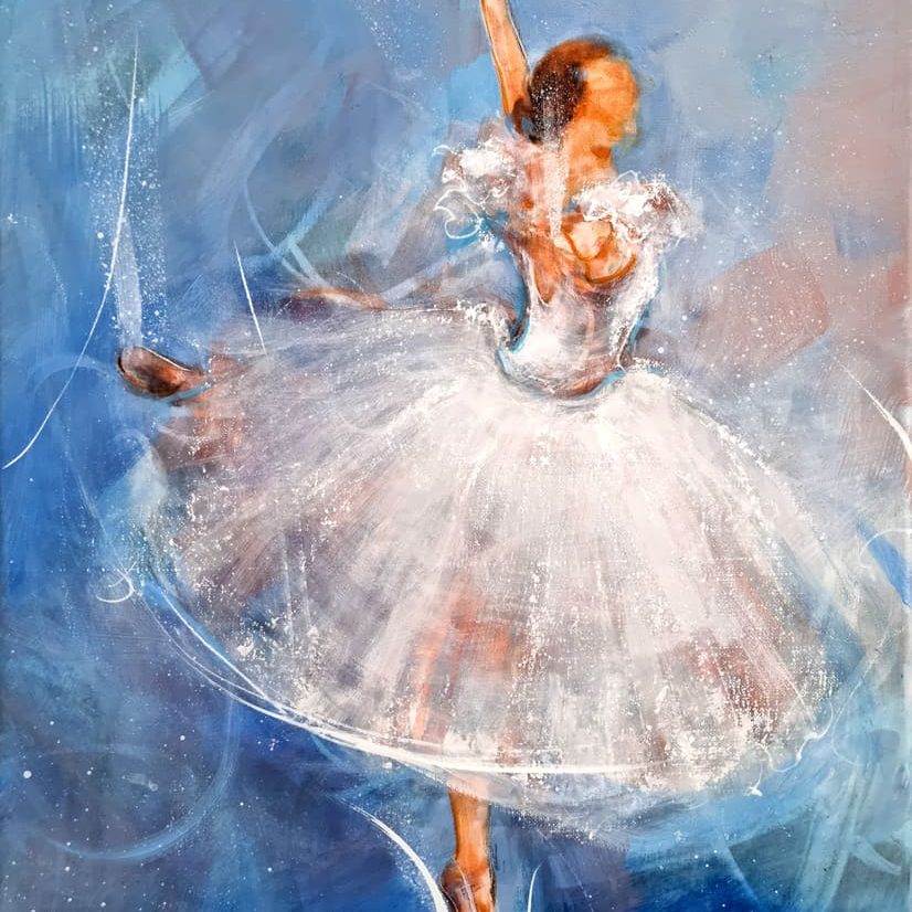 Peinture de danse | Une danseuse étoile à la robe longue sur scène | Tableau et œuvre d'art par Lucie LLONG, Artiste peintre du sport