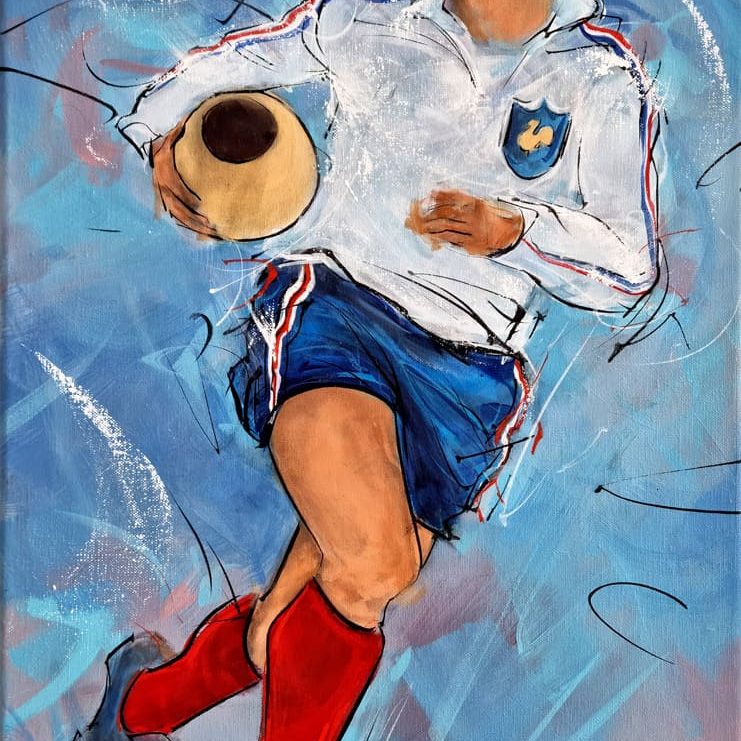Tableau de rugby | Peinture de sport | Philippe sella , la légende du XV de France en action lors d'un match de rugby | Oeuvre d'art par Lucie LLONG, Artiste peintre du sport