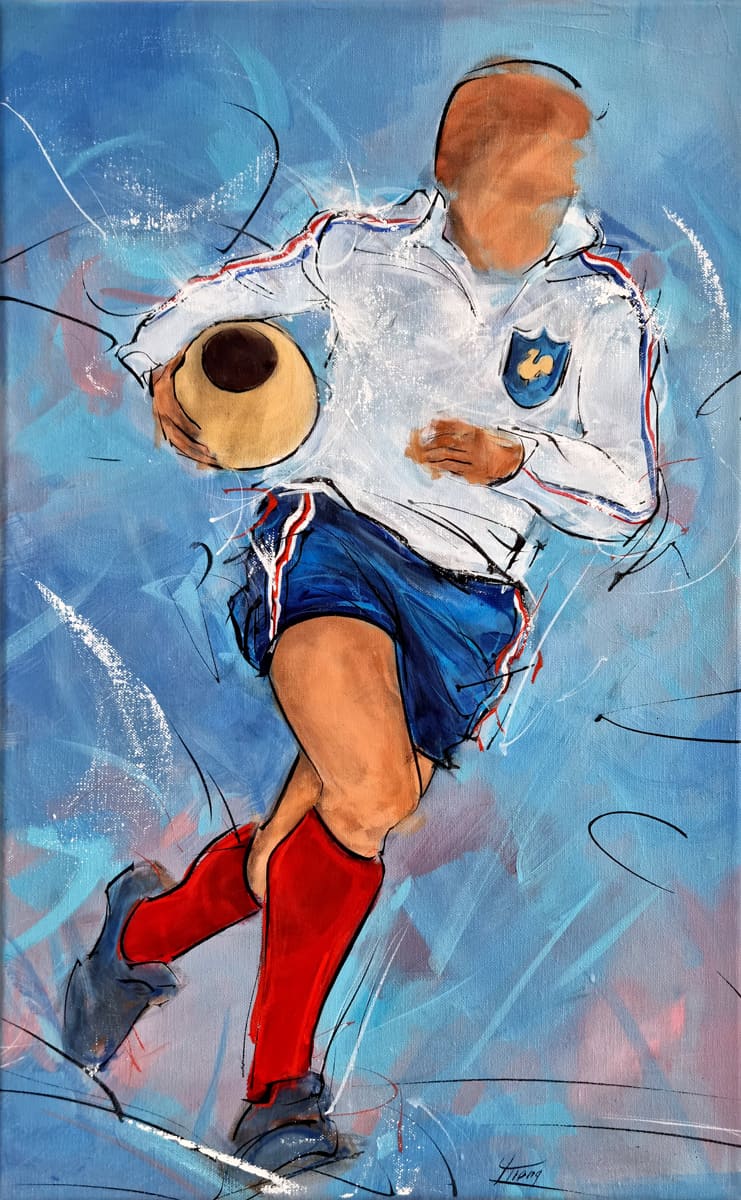 Tableau de rugby | Peinture de sport | Philippe sella , la légende du XV de France en action lors d'un match de rugby | Oeuvre d'art par Lucie LLONG, Artiste peintre du sport