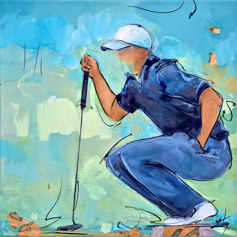 Tableau de sport | Peinture sur toile de Golf | Un golfeur sur le Green pour préparer la meilleure trajectoire possible | putt en peinture | Œuvre d'art contemporaine par Lucie LLONG, artiste peintre du sport.