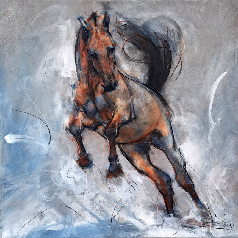 Tableau animalier | Peinture de cheval en liberté | Inspiration équitation par Lucie LLONG, artiste peintre du sport