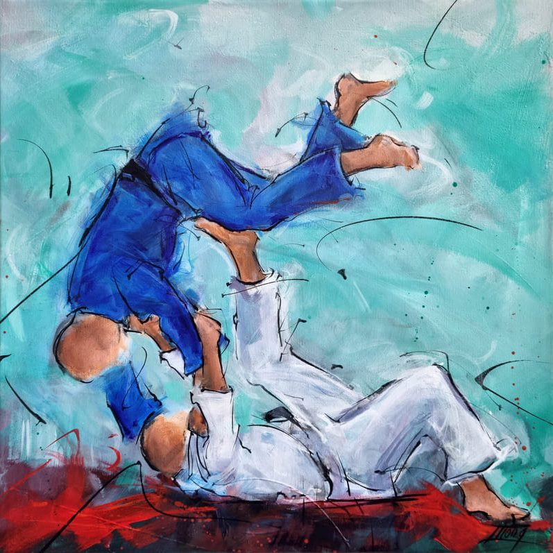 Peinture de sport | Judo | Tableau par Lucie LLONG, artiste peintre du sport | Yoko-tomoe-nage lors d'un combat de judo avec victoire par Ippon