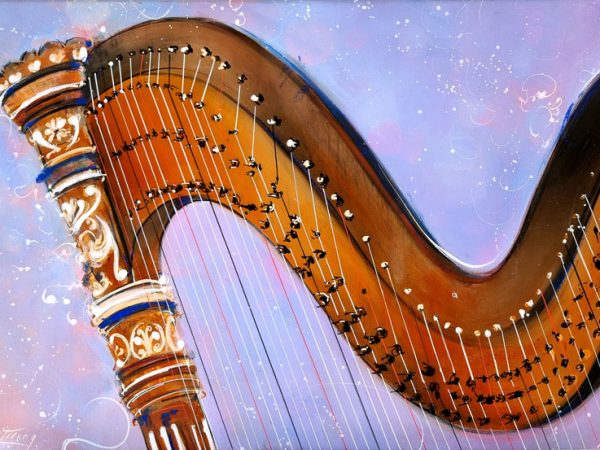 Tableau musique - Instrument de musique - Harpe ensorcelante - Peinture par Lucie LLONG, artiste peintre du mouvement
